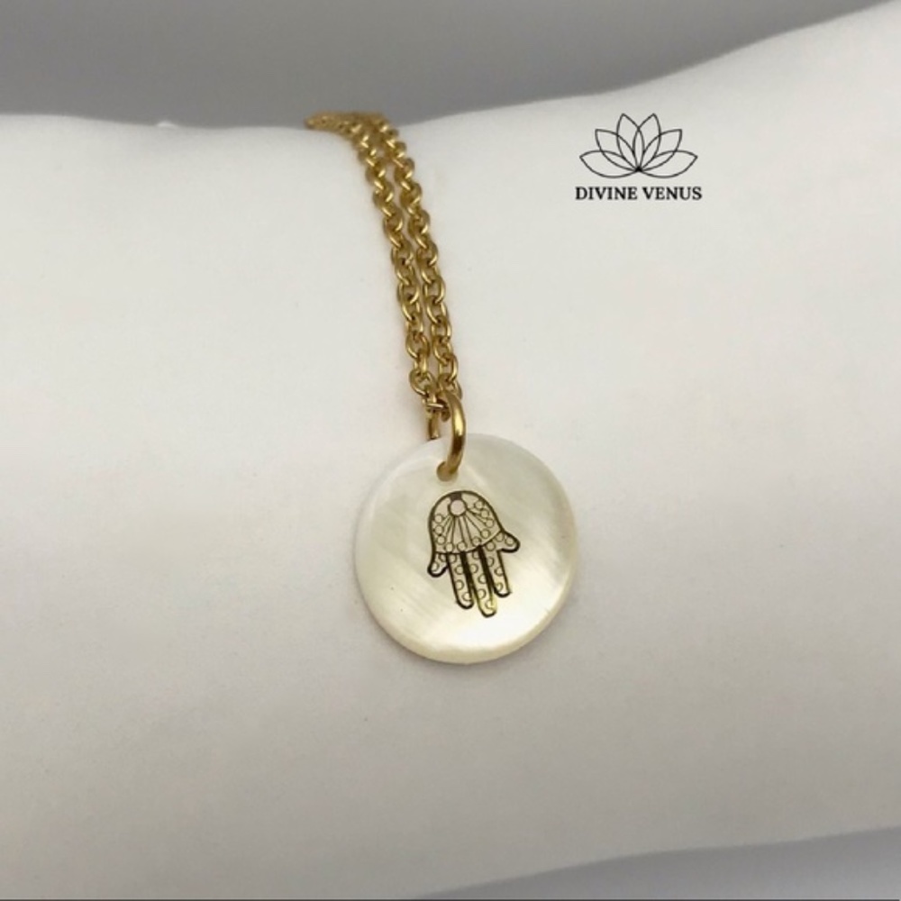 Freshwater Shell Hamsa Necklace | Stainless Steel - Picture 7 of 10